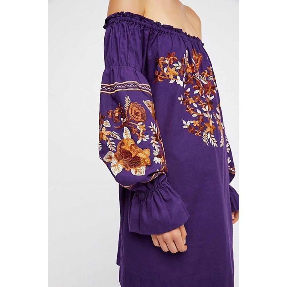 Free People Fleur Du Jour Dress Purple Floral Embroidered Off Shoulder Mini M